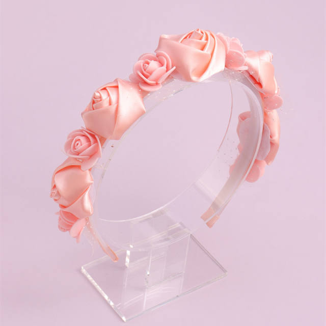 Sweet pink color satin flower headband for kids flower girl