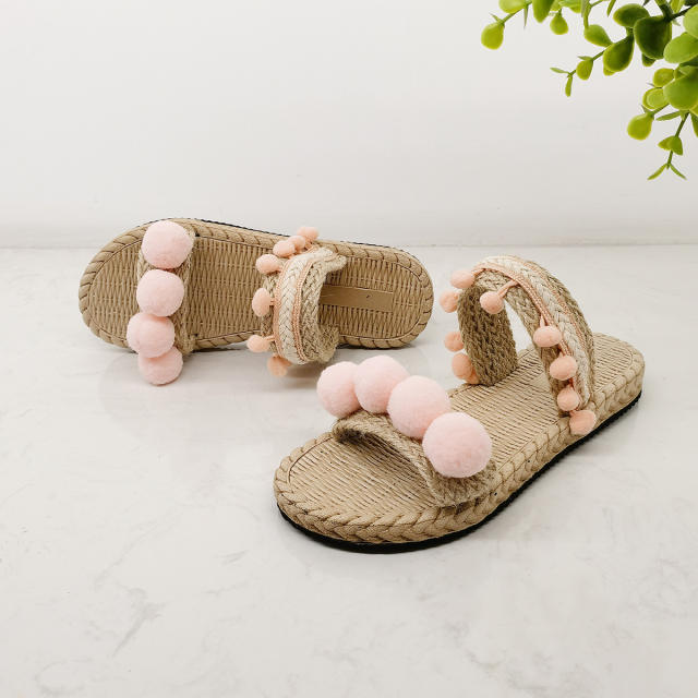 Summer boho trend cute pom pom flat slippers