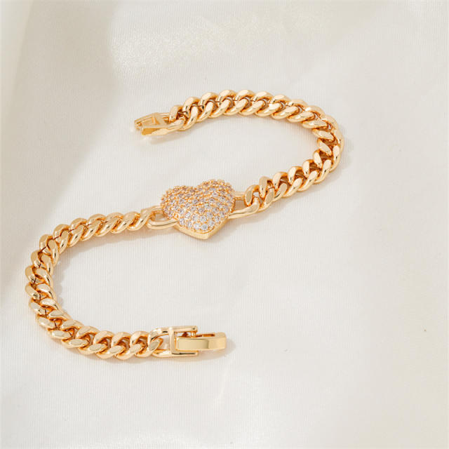 Hiphop diamond heart curban link chain bracelet