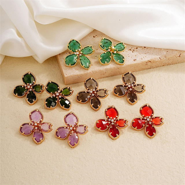 Elegant colorful glass petal flower gold plated copper studs earrings
