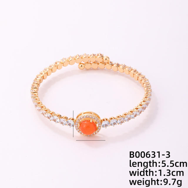 Delicate full cubic zircon color stone statement gold plated copper bangle