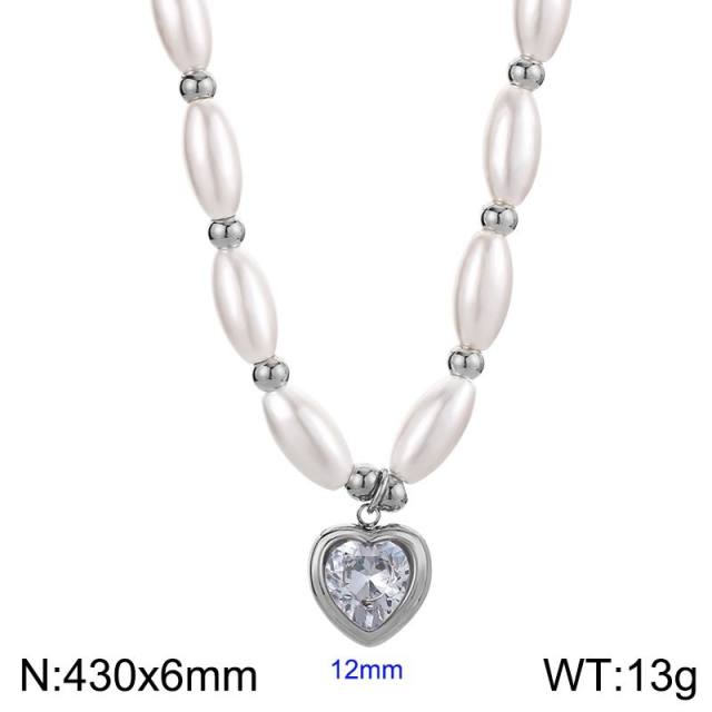 Elegant imitation pearl colorful heart cubic zircon pendant necklace