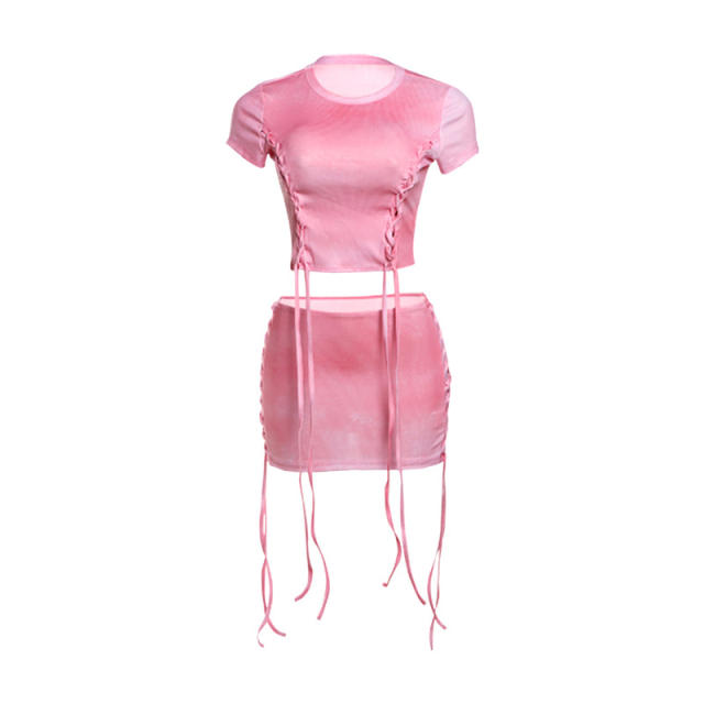 Summer strappy pattern gradient color short dress tops set