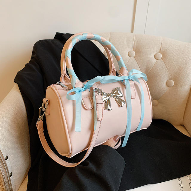 Cute ribbow bow popular PU leather boston bag handbag