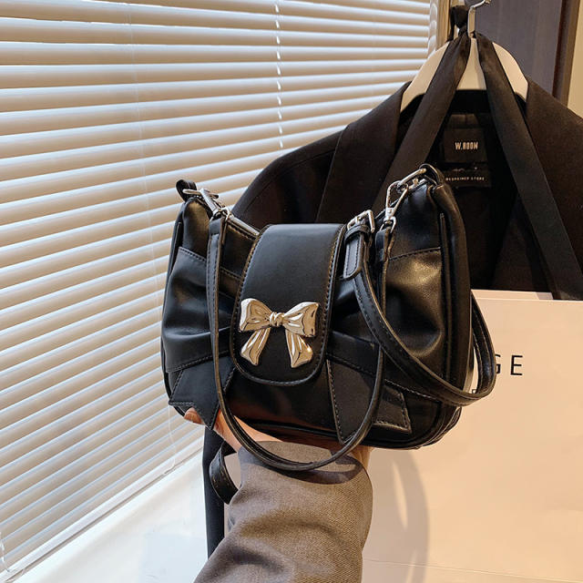 Sweet fold bow symbol PU leather women shoudler bag