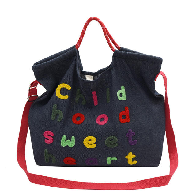 Unique contrast color letter denim tote bag crossbody bag