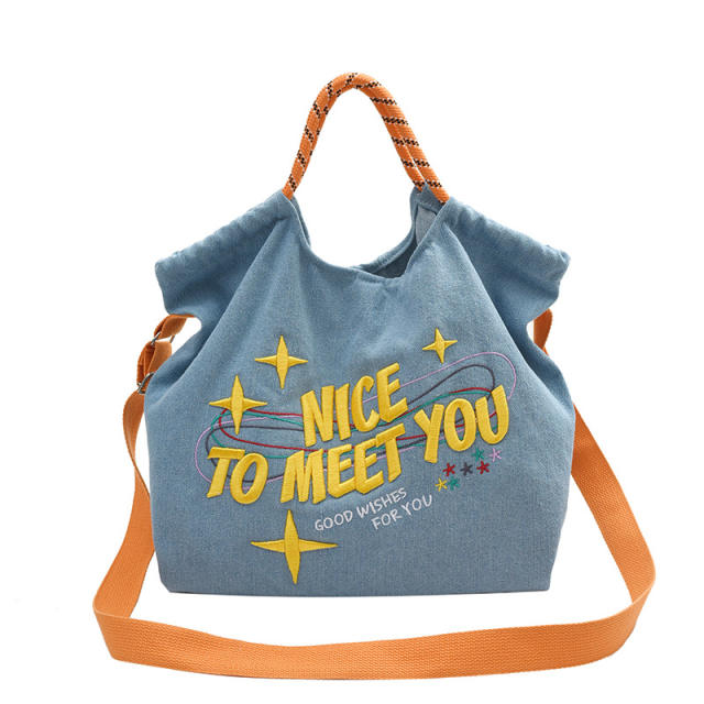 Unique contrast color letter denim tote bag crossbody bag