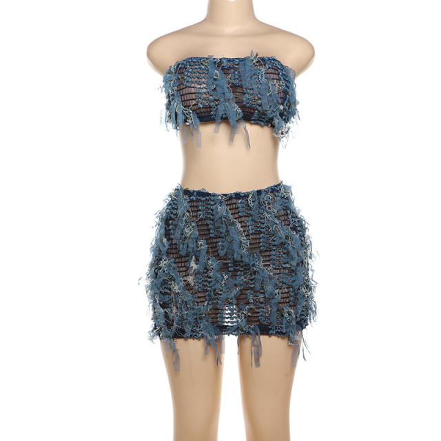 Summer sexy tassel off shoulder crop tops mini skirt set