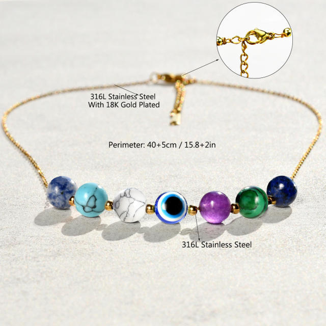 Vintage evil eye natural stone bead stainless steel chain necklace