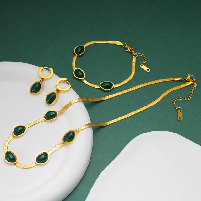Creaitve geometric stone statement snake chain stainless steel necklace set