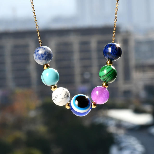 Natural stone beaded stainless steel chain necklace