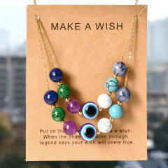 Vintage evil eye natural stone bead stainless steel chain necklace