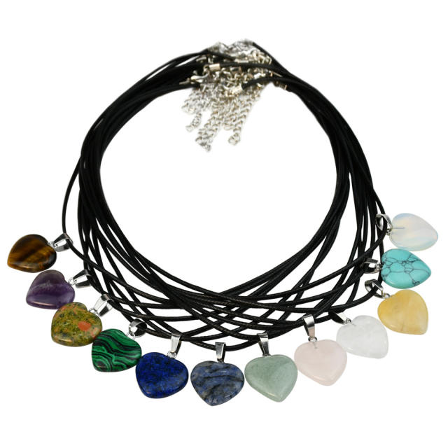 Sweet cool natural stone heart charm PU leather choker necklace