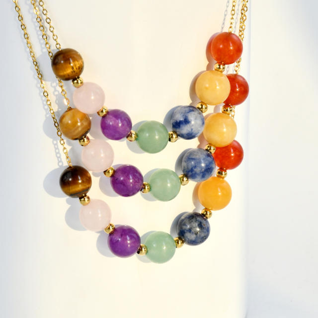 Natural stone beaded stainless steel chain necklace