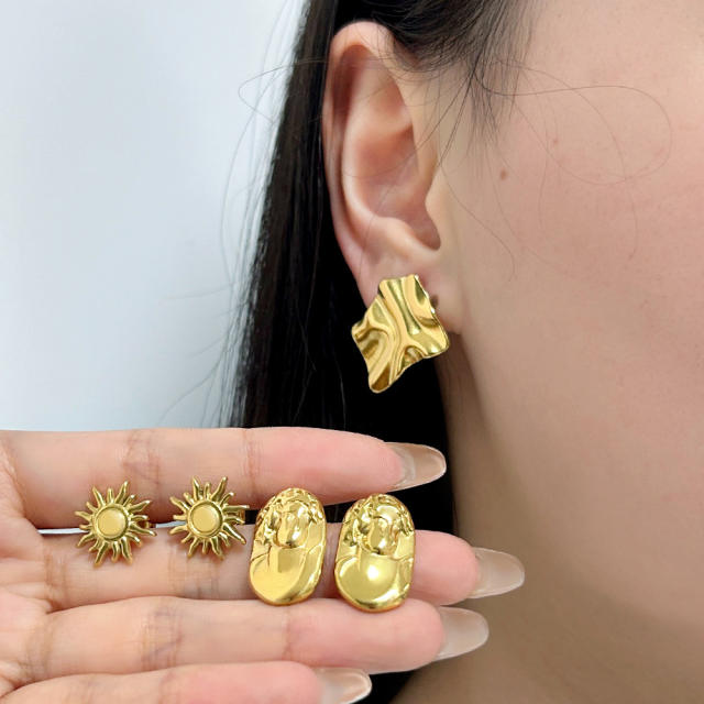 Elegant geometric fold pattern stainless steel studs earrings collection