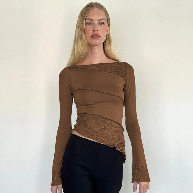 Y2K speical design mix lace long sleeve women tops