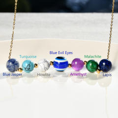 Vintage evil eye natural stone bead stainless steel chain necklace