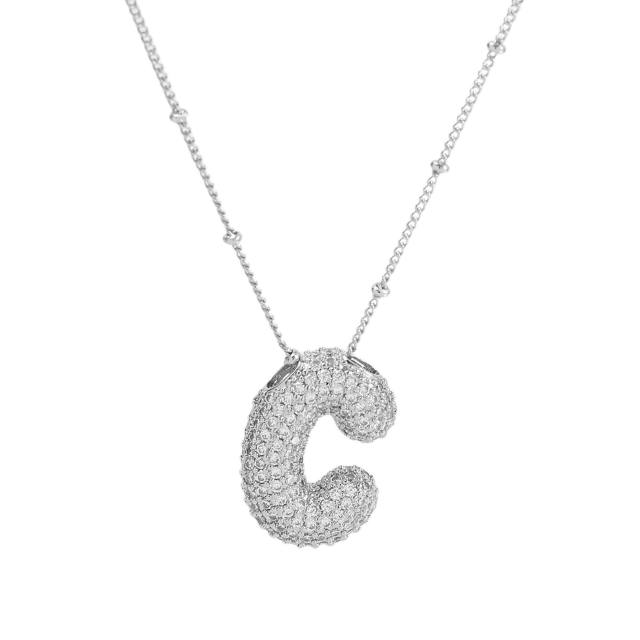 Silver color diamond bubble initial letter copper material chunky necklace