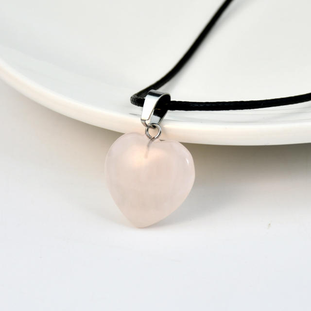 Sweet cool natural stone heart charm PU leather choker necklace