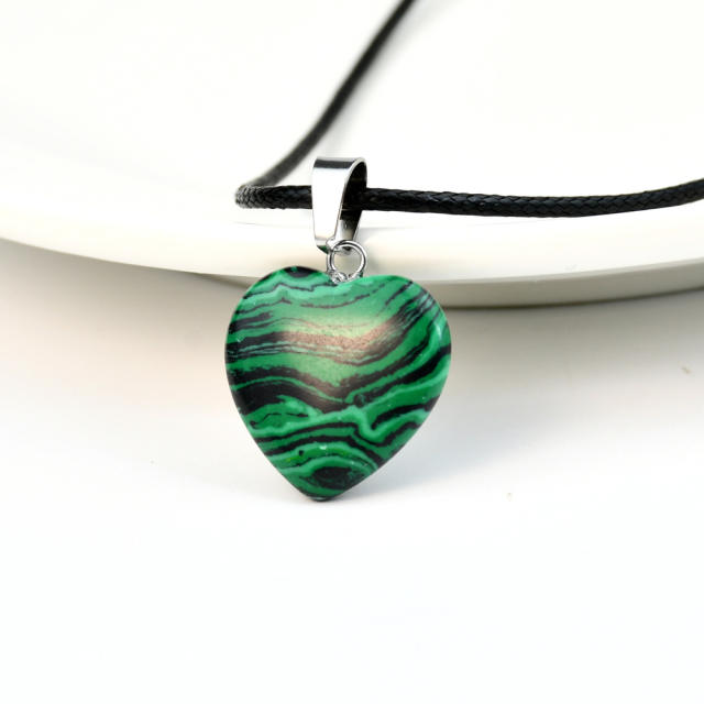 Sweet cool natural stone heart charm PU leather choker necklace