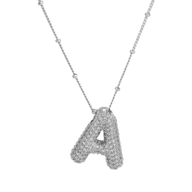 Silver color diamond bubble initial letter copper material chunky necklace