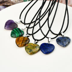 Sweet cool natural stone heart charm PU leather choker necklace