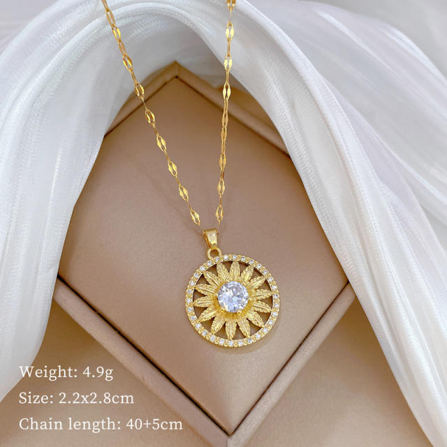Elegant diamond sunflower pendant stainless steel chain necklace