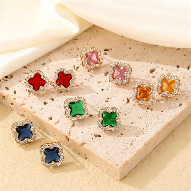Elegant colorful cubic zircon clover copper material studs earrings