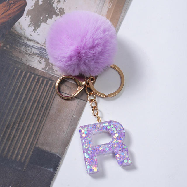 Cute purple color fluffy ball initial letter keychain