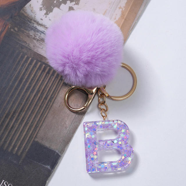 Cute purple color fluffy ball initial letter keychain