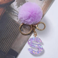 Cute purple color fluffy ball initial letter keychain