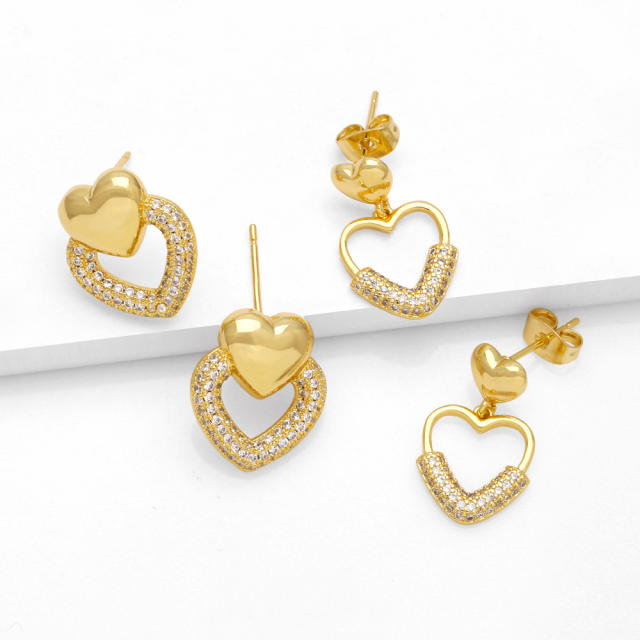 Delicate diamond heart gold plated copper studs earrings