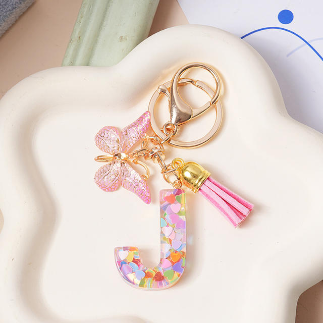 Spring summer gliter resin initial letter keychain