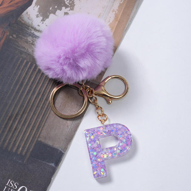 Cute purple color fluffy ball initial letter keychain
