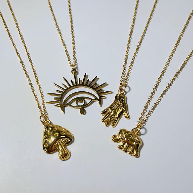 Personailty hollow out evil eye mushroom pendant stainless steel necklace