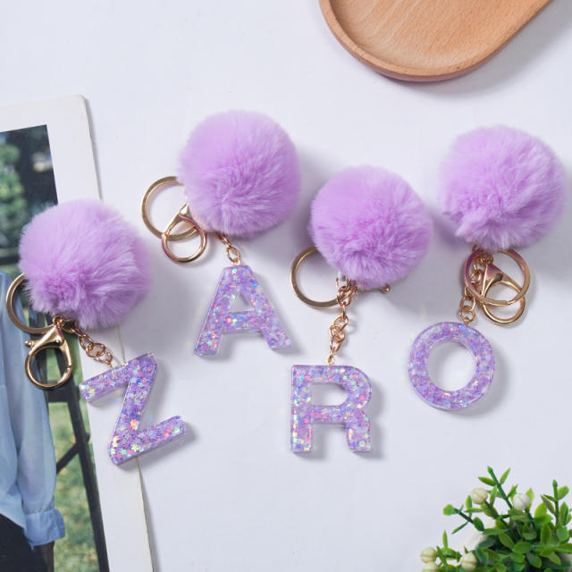 Cute purple color fluffy ball initial letter keychain