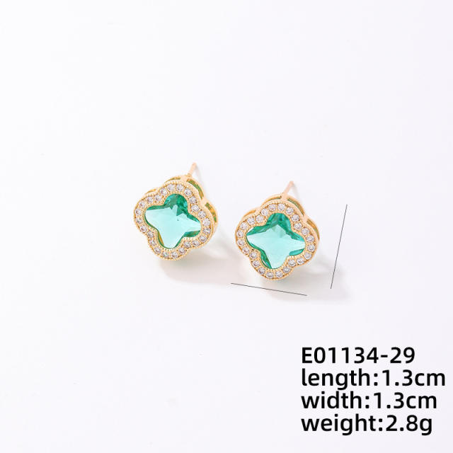 Elegant colorful cubic zircon clover copper material studs earrings