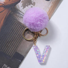 Cute purple color fluffy ball initial letter keychain