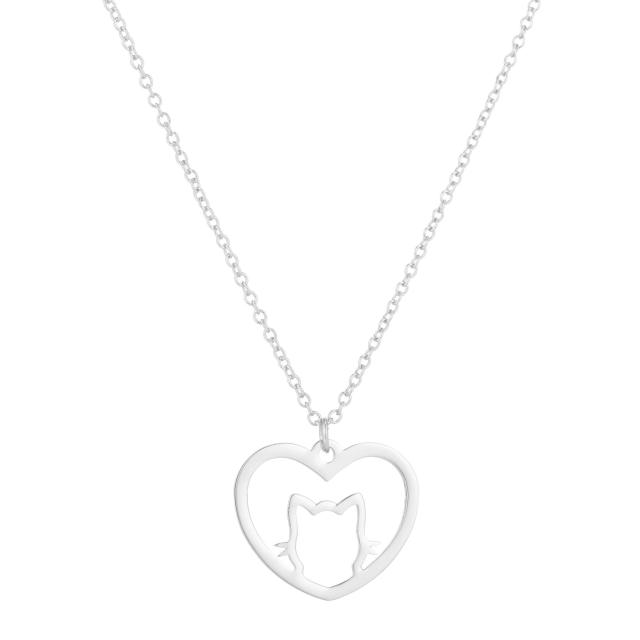 Korean fashion cute hollow heart kitty dainty stainless steel necklace