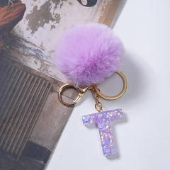 Cute purple color fluffy ball initial letter keychain