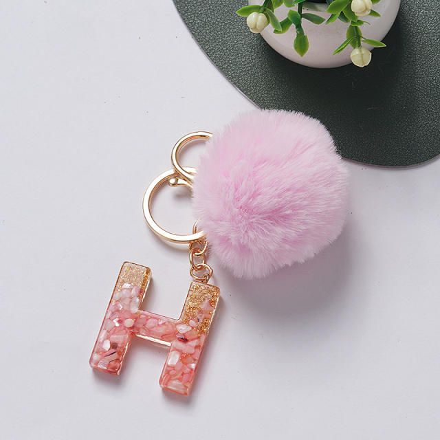 Sweet pink color fluffy ball initial letter keychain