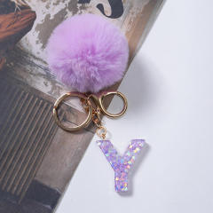 Cute purple color fluffy ball initial letter keychain