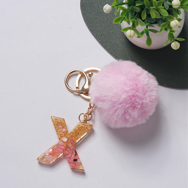 Sweet pink color fluffy ball initial letter keychain