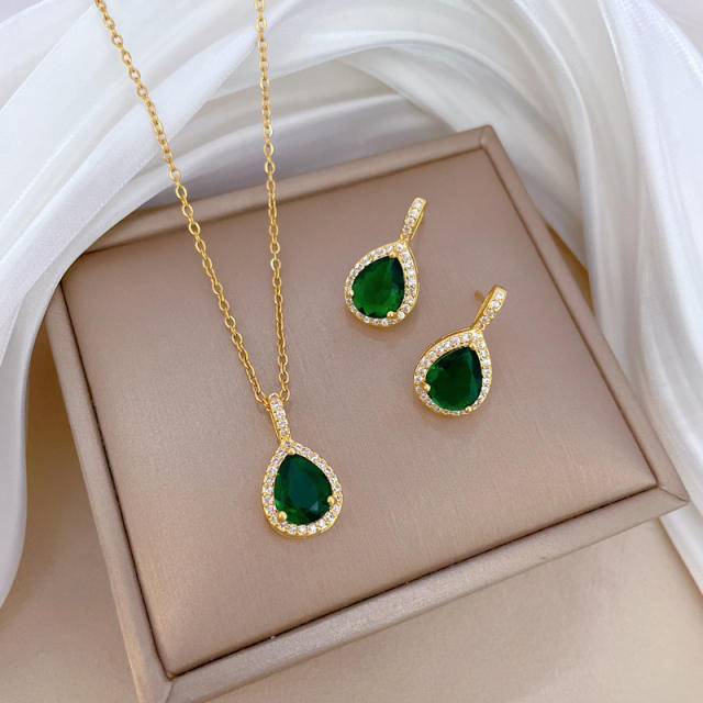 Chic green glass crystal drop pendant stainless steel chain necklace set