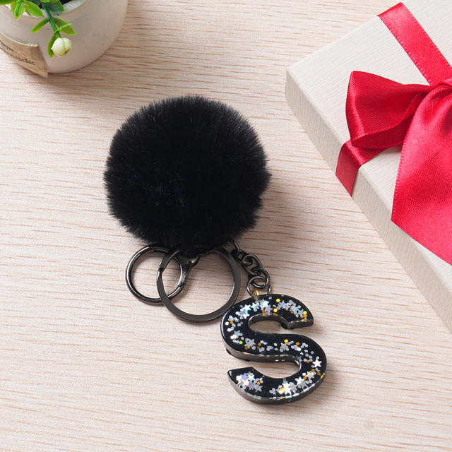 Black color fluffy ball initial letter keychain