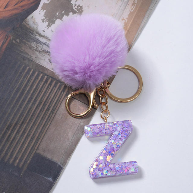 Cute purple color fluffy ball initial letter keychain