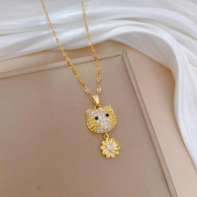 Cute diamond flower kitty pendant stainless steel chain necklace