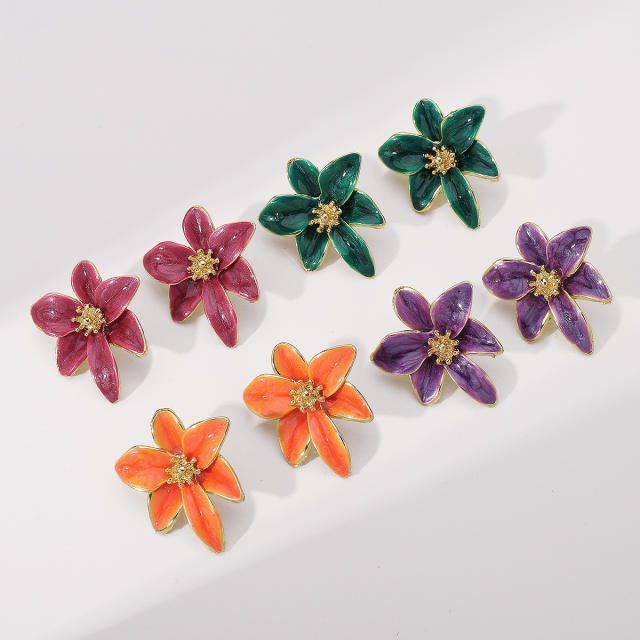 Elegant colorful enamel bloom flower alloy studs earrings