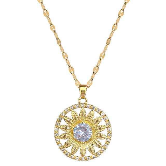 Elegant diamond sunflower pendant stainless steel chain necklace