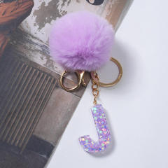 Cute purple color fluffy ball initial letter keychain